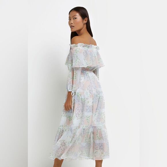 NWT River Island Maxi Blue Dress Petite Floral Bardot Size 2 - Picture 4 of 14